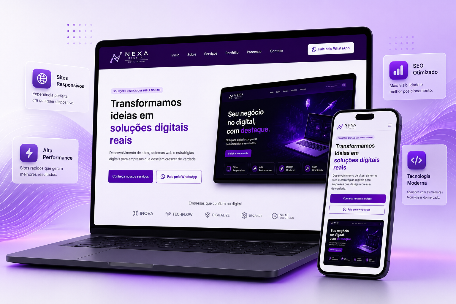 Site institucional da Nexa Digital exibido em notebook e smartphone